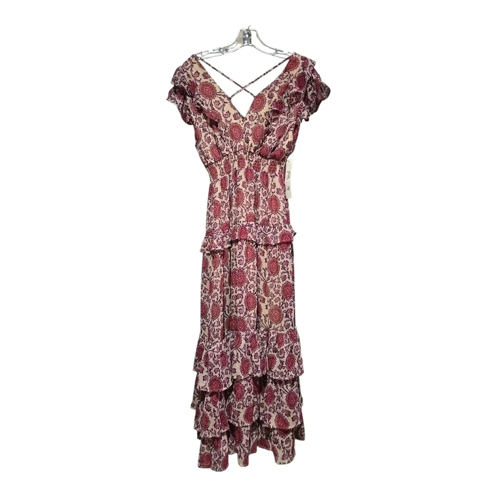 Aqua Pink Floral Tiered Midi Dress, Size Small